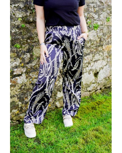 Pantalon fluide noir à motifs