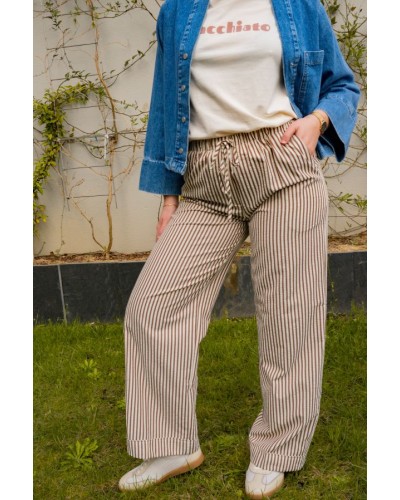 Pantalon à Rayures Marron et Crème