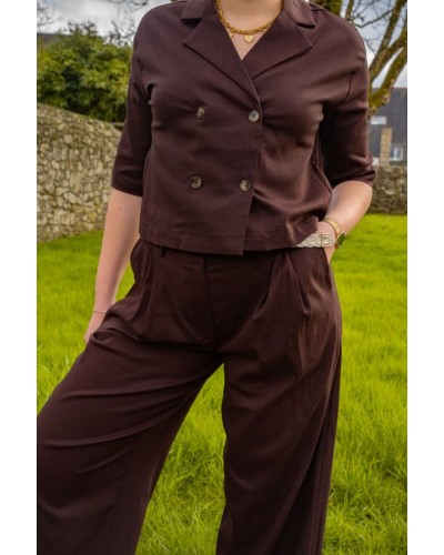 Pantalon taille haute ample brun chocolat