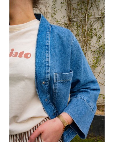 Veste en jean col V manches 3/4