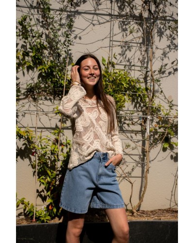 Top en Crochet Beige à Manches Longues